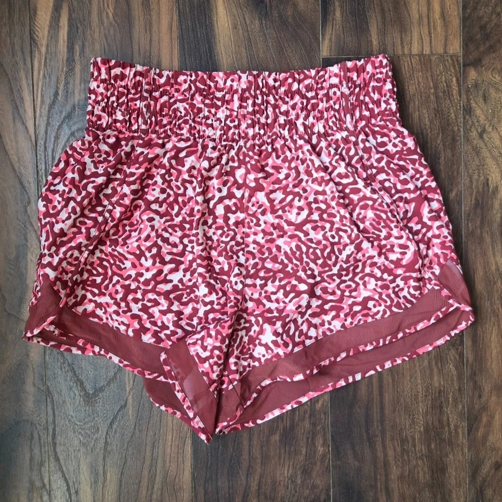 Athleta Pink & White Abstract Smocked-Waist Athletic Shorts